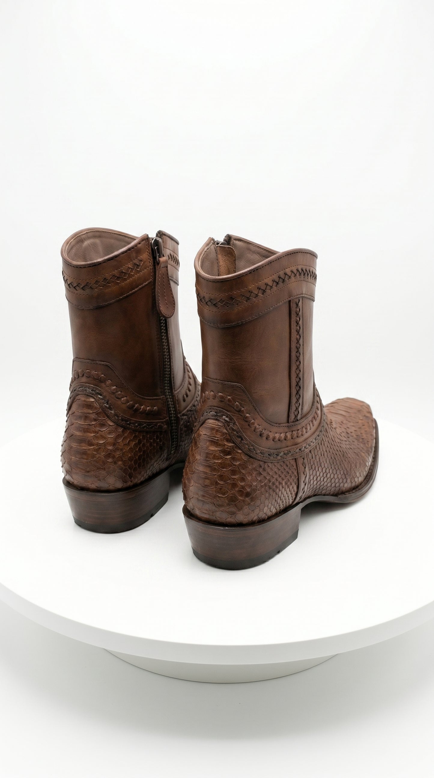 Men’s Los Altos Porto Brown Python Skin Short Boots with European Toe, Exotic Western Dress Boots