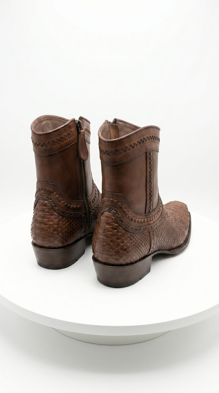 Men’s Los Altos Porto Brown Python Skin Short Boots with European Toe, Exotic Western Dress Boots