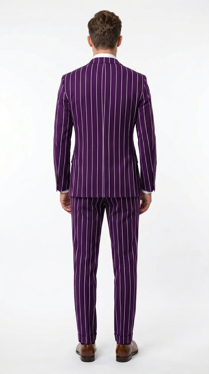 Men’s Dark Purple Pinstripe Double Breasted 1920s Gangster Suit, Vintage Formal Dress Suit