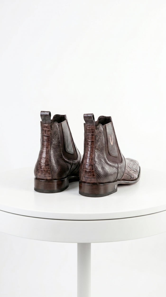 Men’s Brown Vestigium Caiman Belly Chelsea Boots, Genuine Exotic Dress Ankle Boots