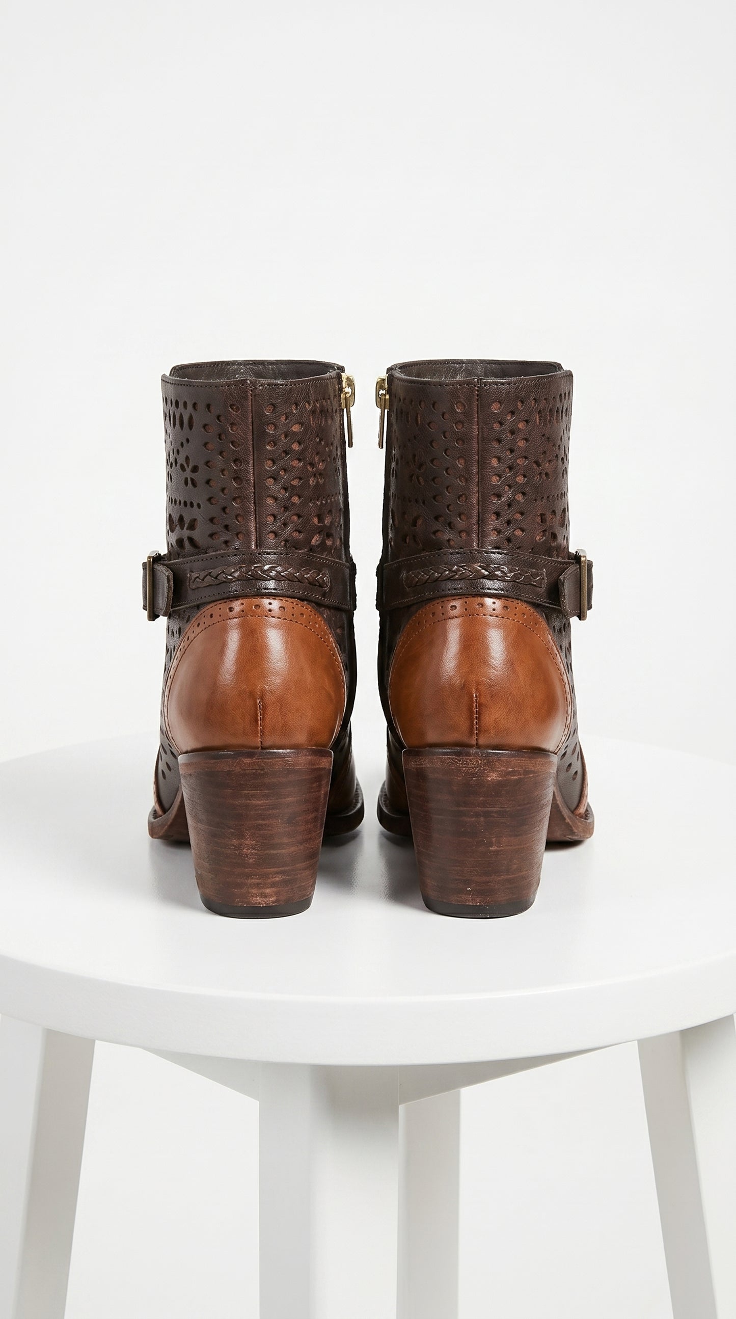 Women’s Brown Leather Short Boots with Oval Toe, Buckle Strap Fashion Ankle Boots