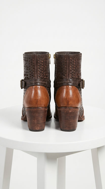 Women’s Brown Leather Short Boots with Oval Toe, Buckle Strap Fashion Ankle Boots