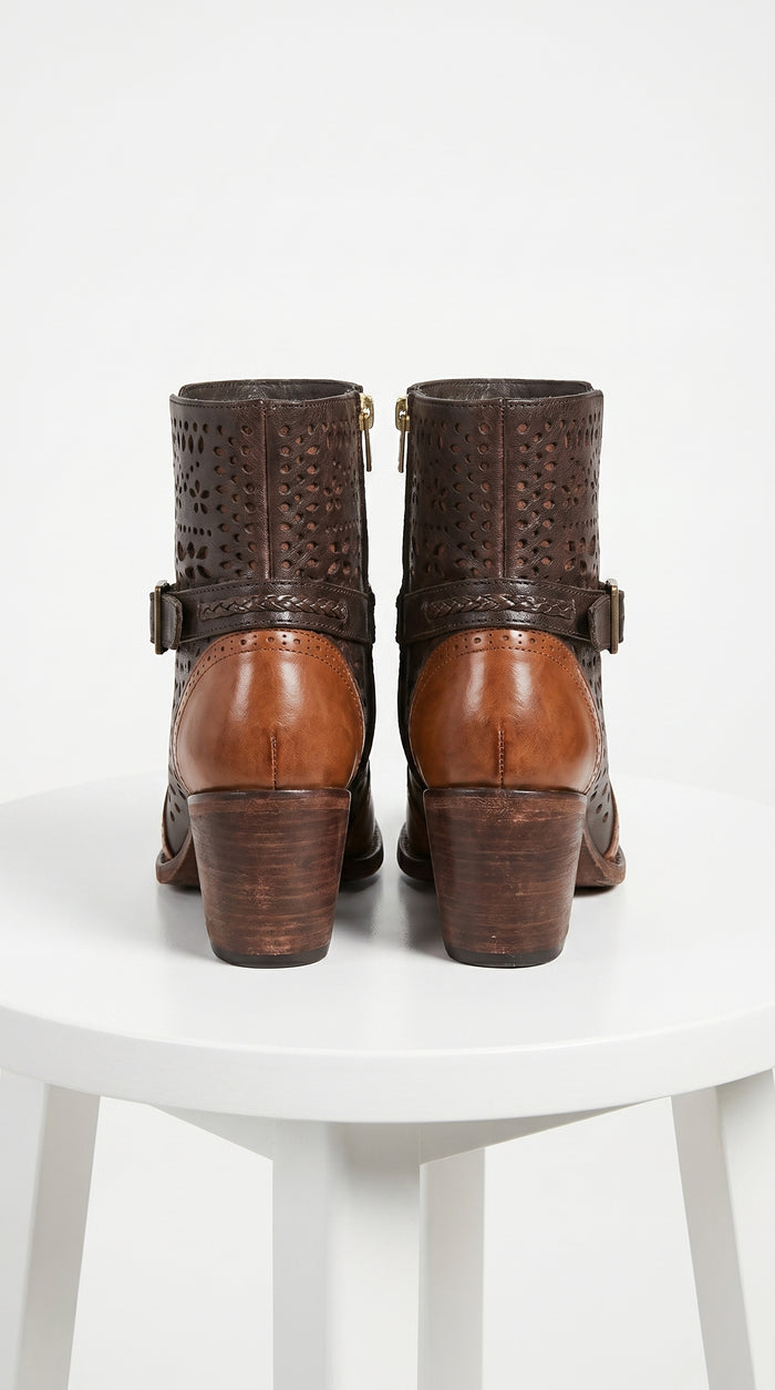 Women’s Brown Leather Short Boots with Oval Toe, Buckle Strap Fashion Ankle Boots