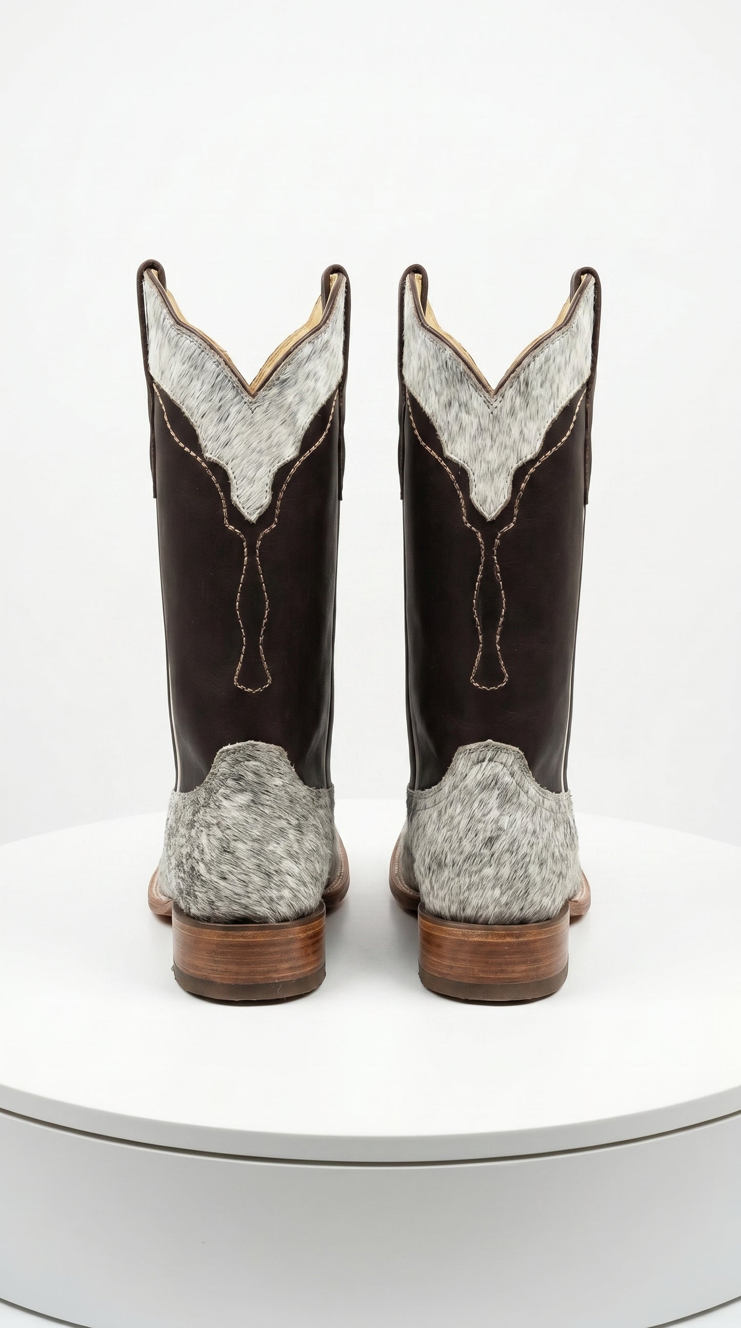 Women’s White and Brown Cowhide Leather Rodeo Boots, Western Pull On Cowboy Boots