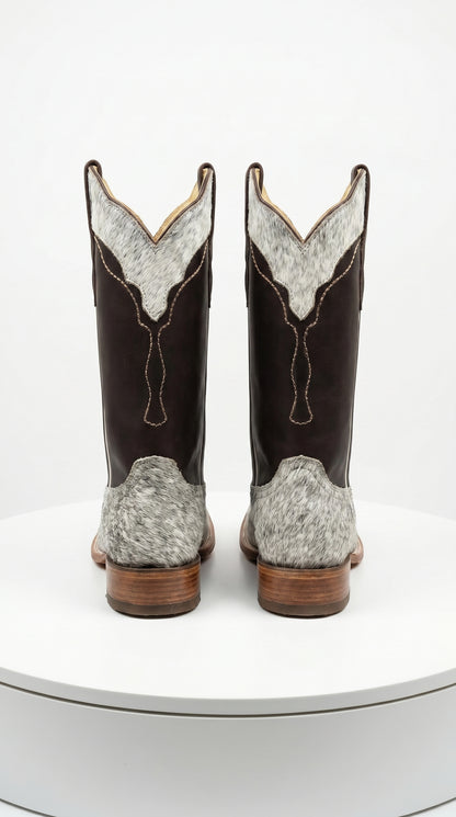 Women’s White and Brown Cowhide Leather Rodeo Boots, Western Pull On Cowboy Boots