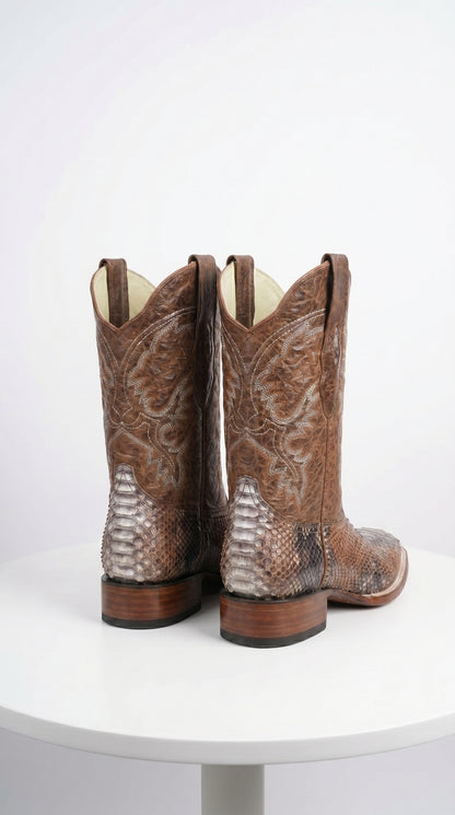 Men’s Brown Original Python Ranchero Cowboy Boots with Pointed Toe, Exotic Western Dress Boots