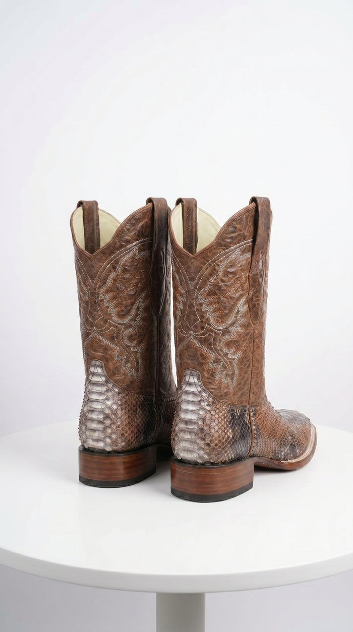Men’s Brown Original Python Ranchero Cowboy Boots with Pointed Toe, Exotic Western Dress Boots