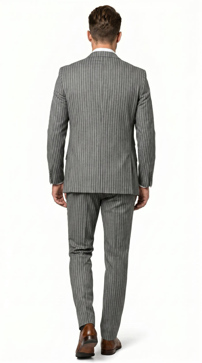 Men’s Grey Pinstripe Double Breasted Vest Suit 2 Button Gangster Style Formal Suit