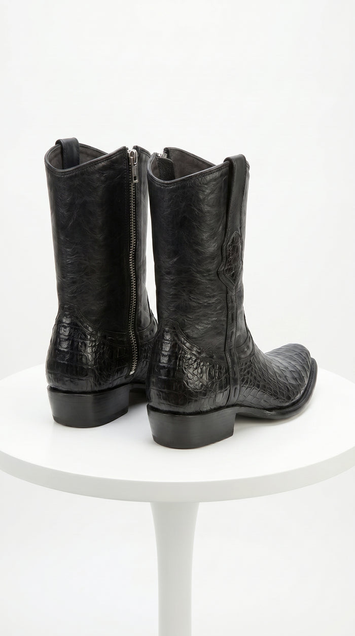 Men’s Black Caiman Skin Cowboy Boots with Western Shaft, Exotic Dress Boots