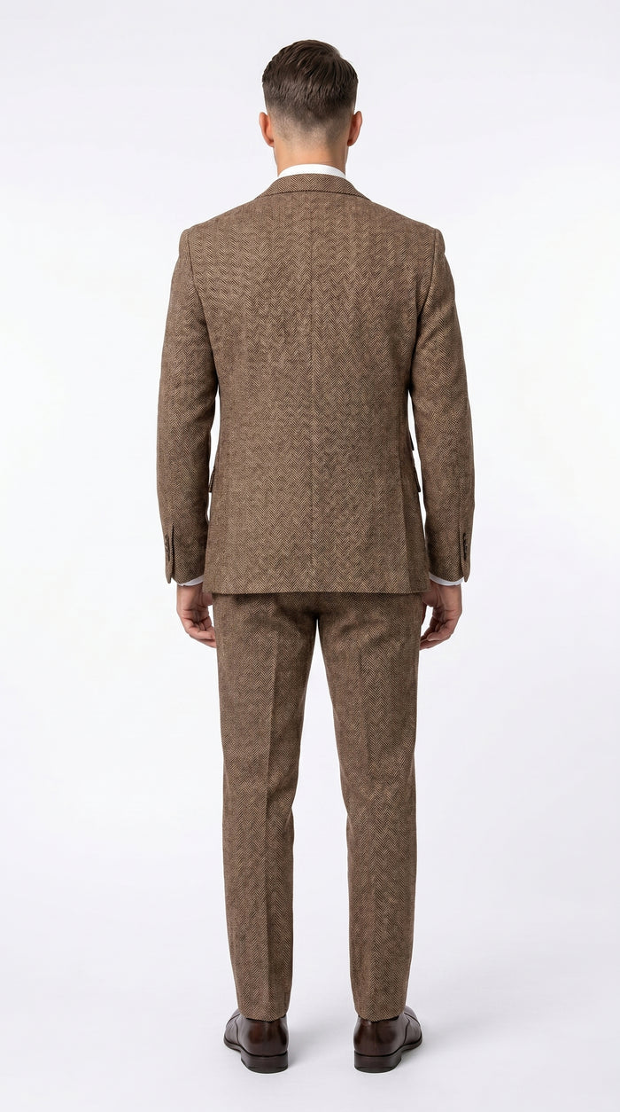 Men’s Light Brown Great Gatsby Inspired Tweed Herringbone Vested Suit, Vintage Formal Wedding Suit