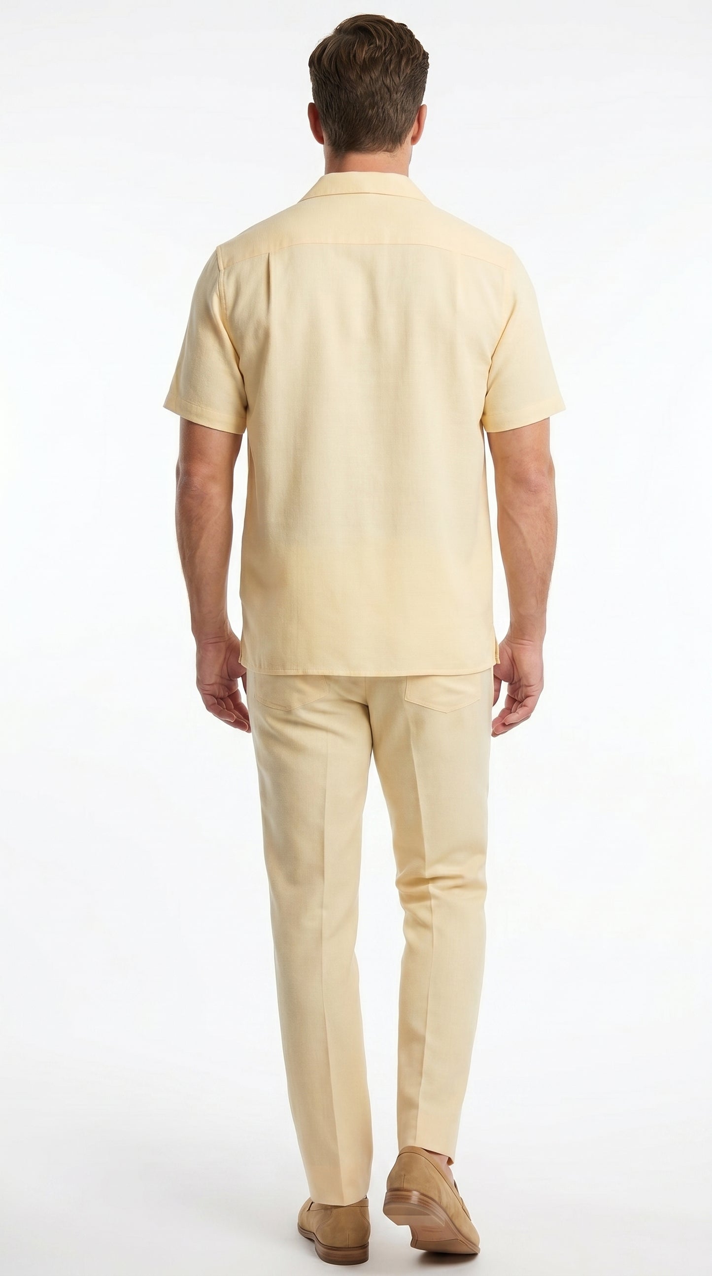 Men’s Yellow Patterned Short Sleeve Walking Suit with Matching Pants, Casual Summer Dress Outfit