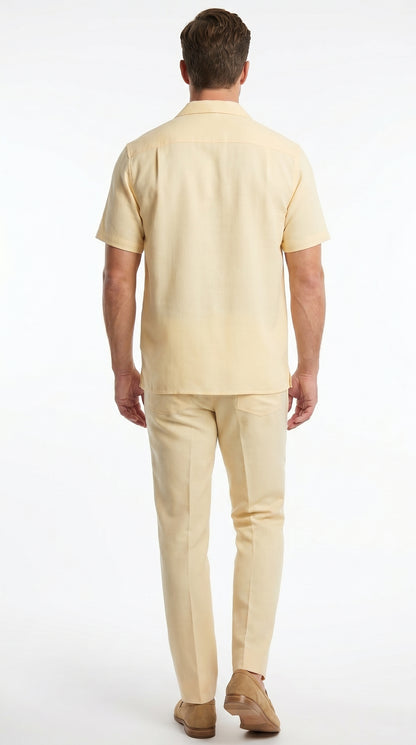 Men’s Yellow Patterned Short Sleeve Walking Suit with Matching Pants, Casual Summer Dress Outfit
