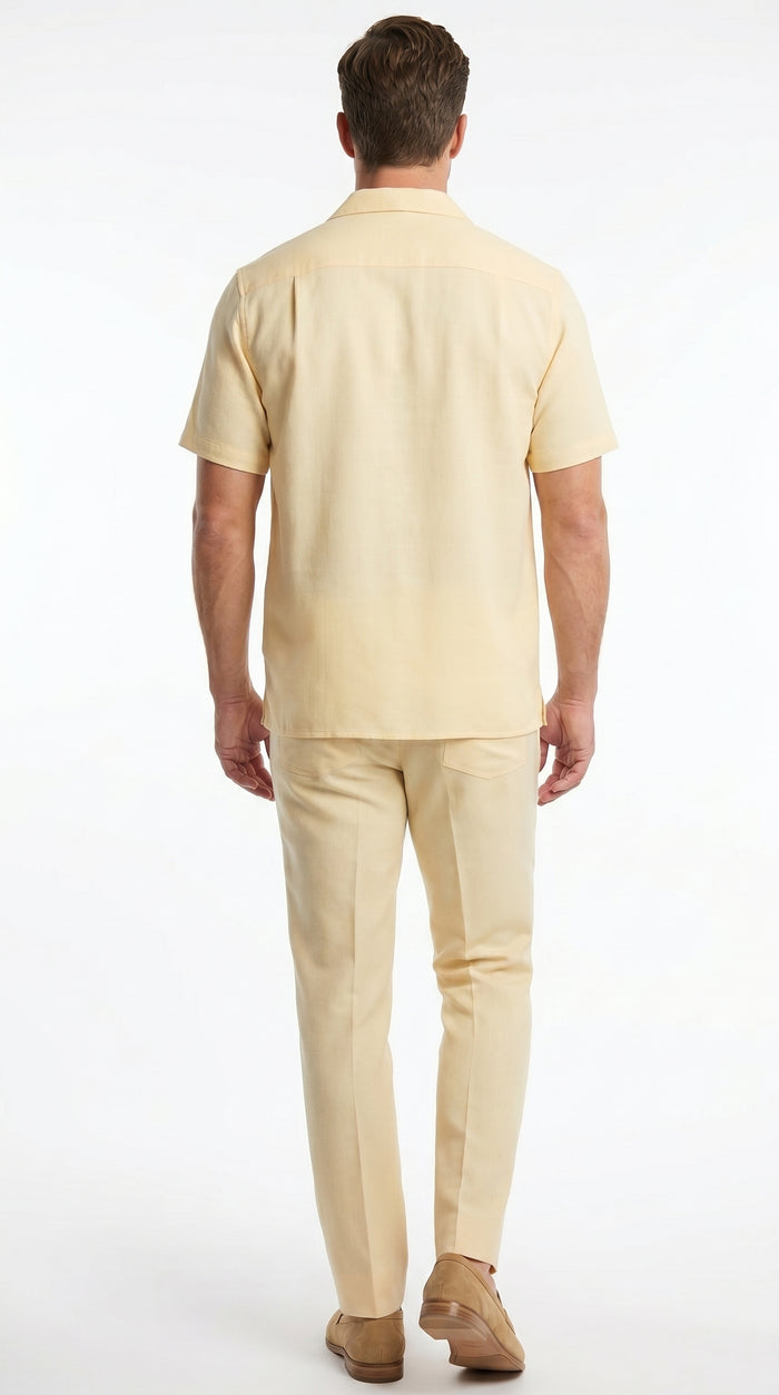 Men’s Yellow Patterned Short Sleeve Walking Suit with Matching Pants, Casual Summer Dress Outfit