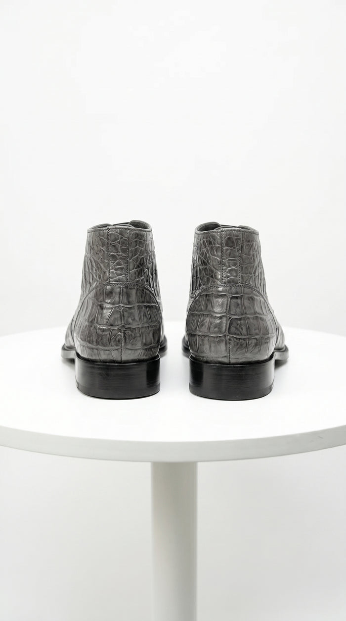 Men’s Los Altos Gray All Over Crocodile Lace Up Dress Ankle Boots, Exotic Formal Boots