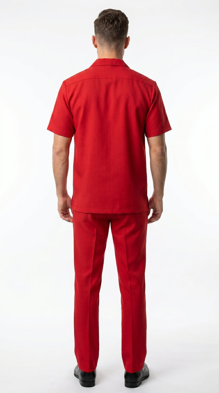 Men’s Red Short Sleeve Walking Suit with Matching Pants, Casual Summer Dress Outfit