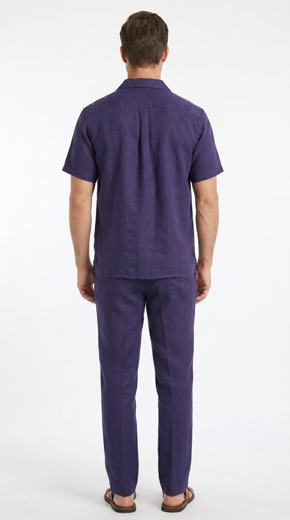 Men’s Navy 100% Linen Short Sleeve Walking Suit, Casual Leisure Shirt and Pants Set