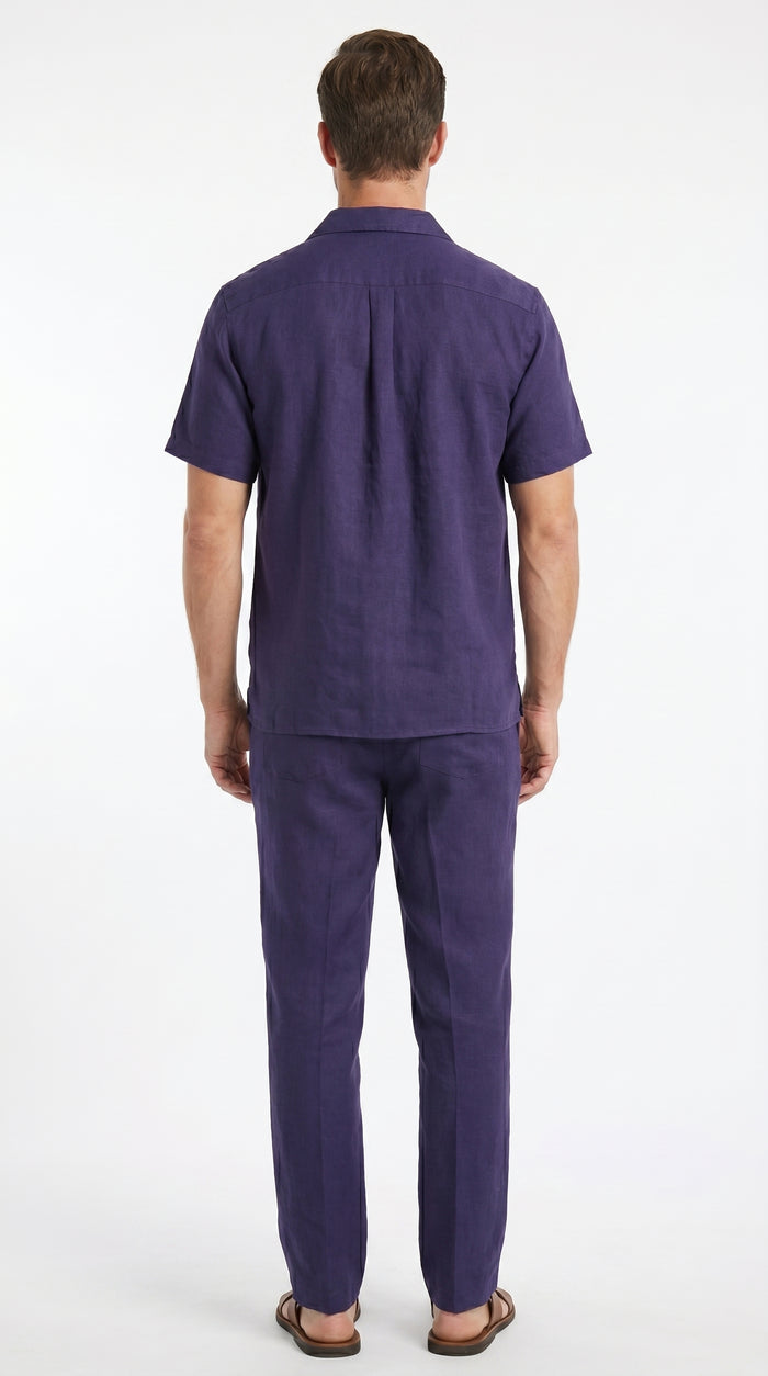 Men’s Navy 100% Linen Short Sleeve Walking Suit, Casual Leisure Shirt and Pants Set