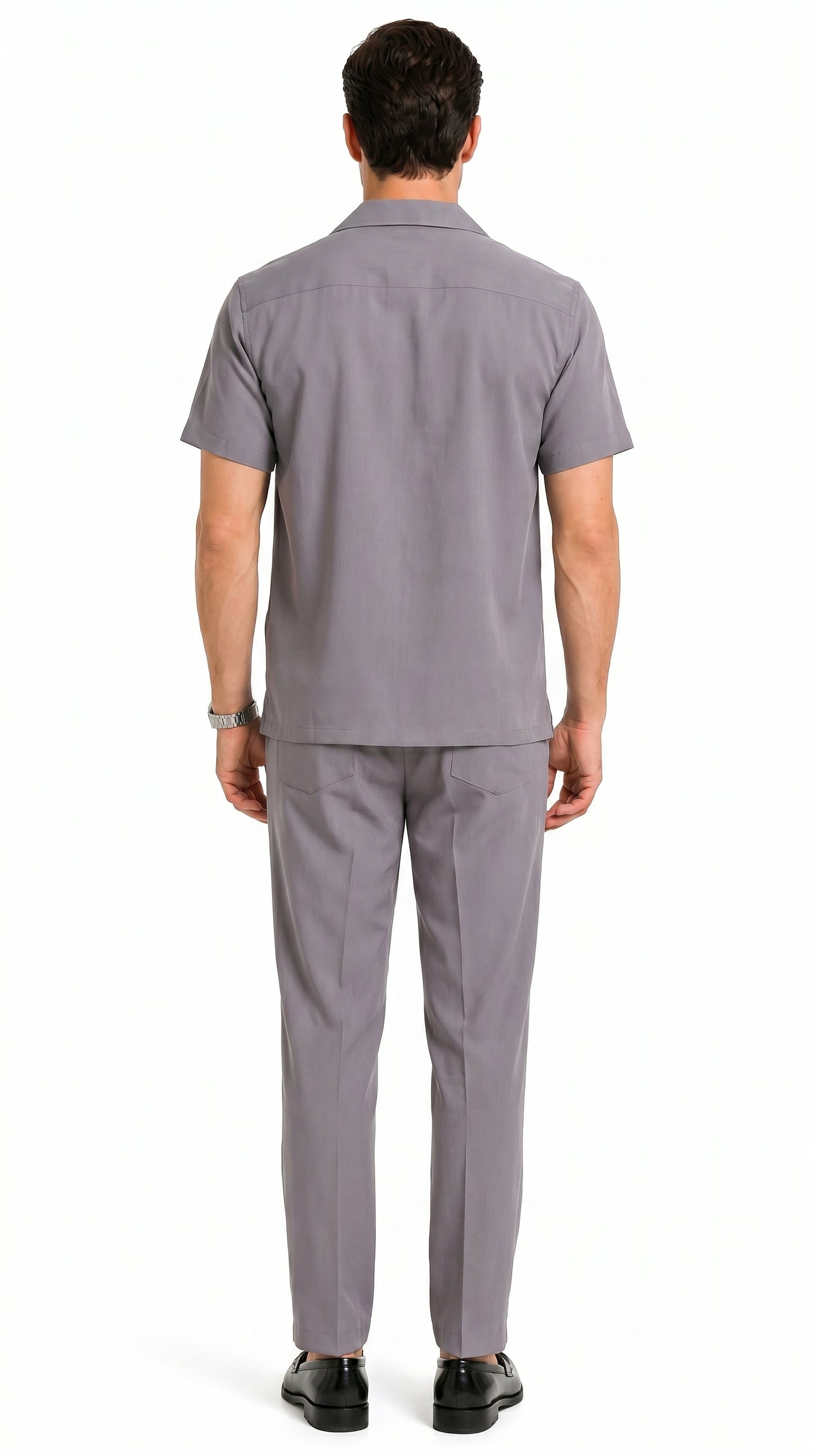 Men’s Solid Grey Short Sleeve Walking Suit with Matching Pants, Casual Summer Dress Outfit