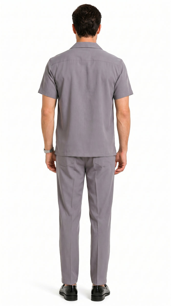 Men’s Solid Grey Short Sleeve Walking Suit with Matching Pants, Casual Summer Dress Outfit