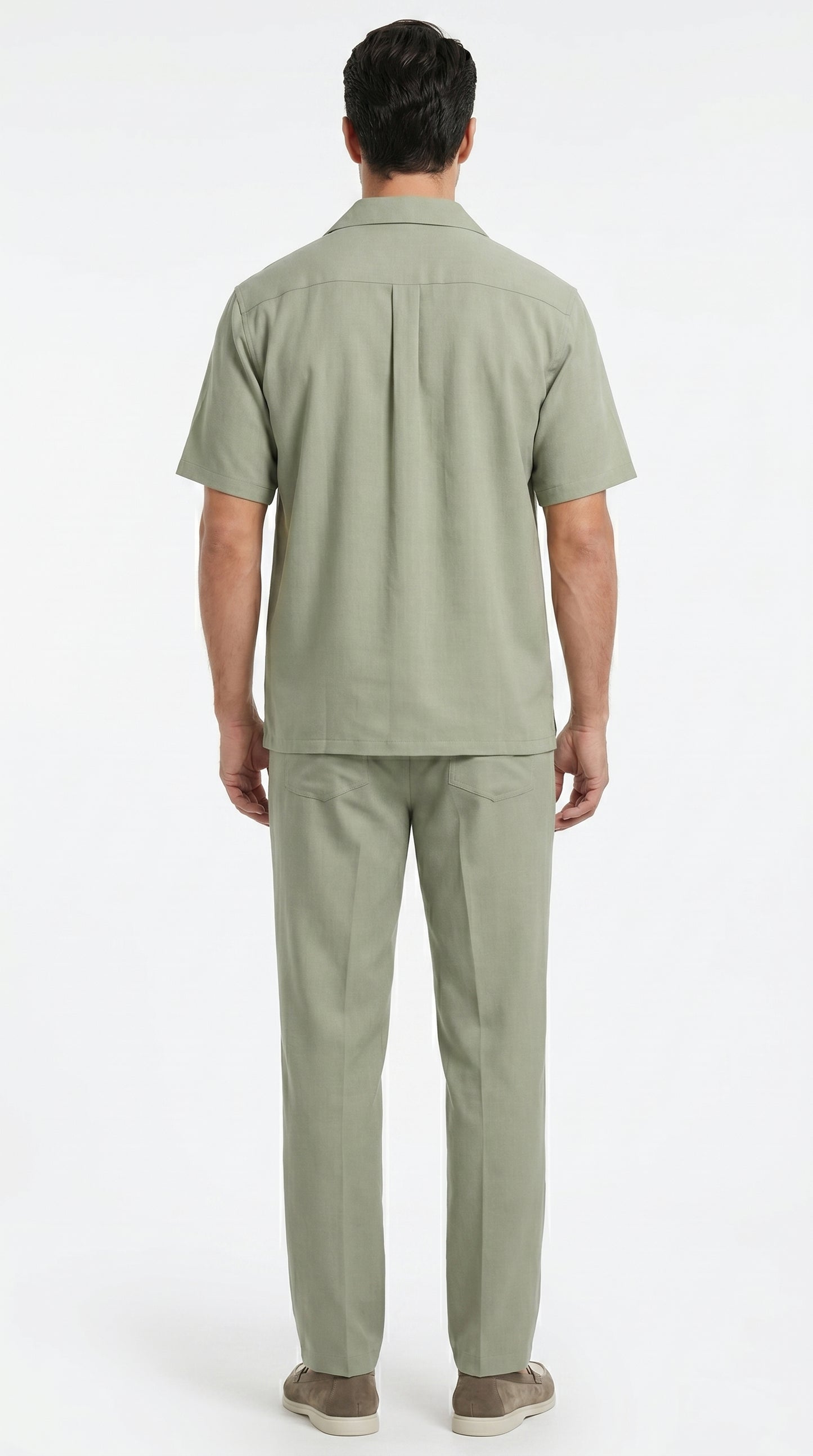 Men’s Solid Light Olive Short Sleeve Walking Suit with Matching Pants, Casual Summer Dress Outfit