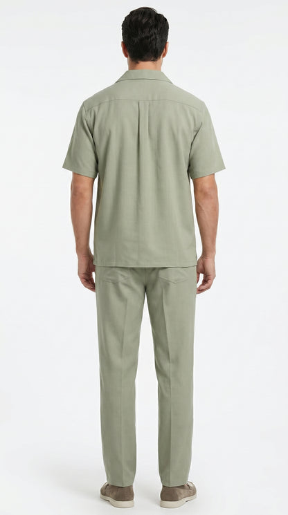 Men’s Solid Light Olive Short Sleeve Walking Suit with Matching Pants, Casual Summer Dress Outfit
