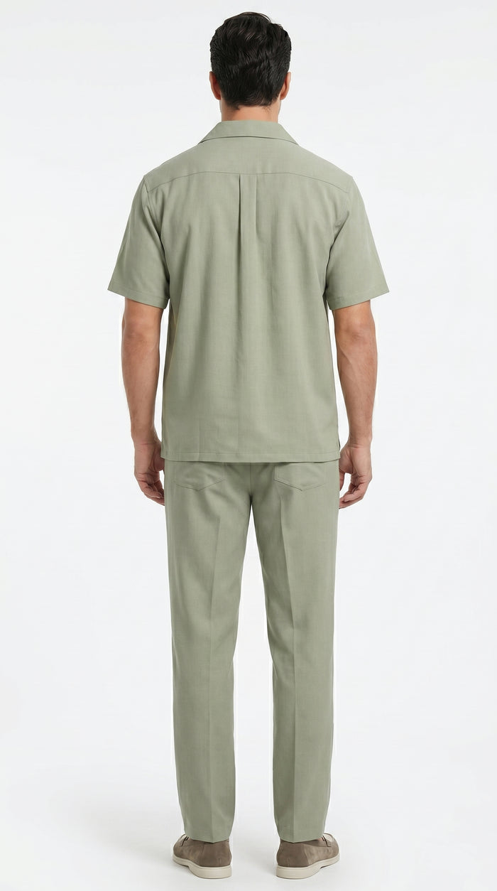 Men’s Solid Light Olive Short Sleeve Walking Suit with Matching Pants, Casual Summer Dress Outfit