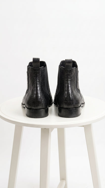 Men’s Black Vestigium Genuine Caiman Belly Chelsea Boots, Exotic Leather Dress Boots