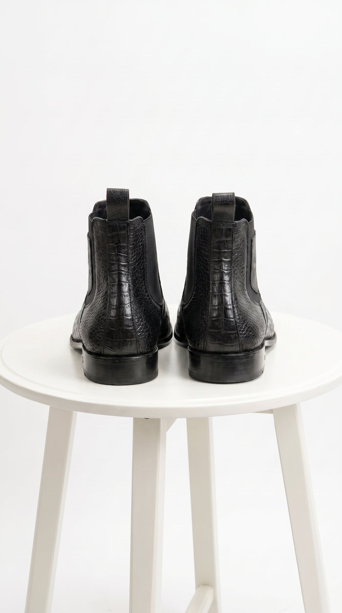 Men’s Black Vestigium Genuine Caiman Belly Chelsea Boots, Exotic Leather Dress Boots