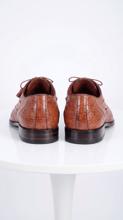 Men’s Los Altos Cognac Crocodile Italian Toe Shoes, Exotic Lace Up Dress Shoes