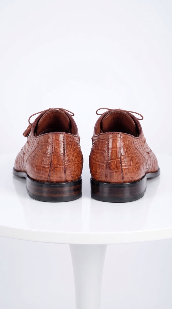 Men’s Los Altos Cognac Crocodile Italian Toe Shoes, Exotic Lace Up Dress Shoes