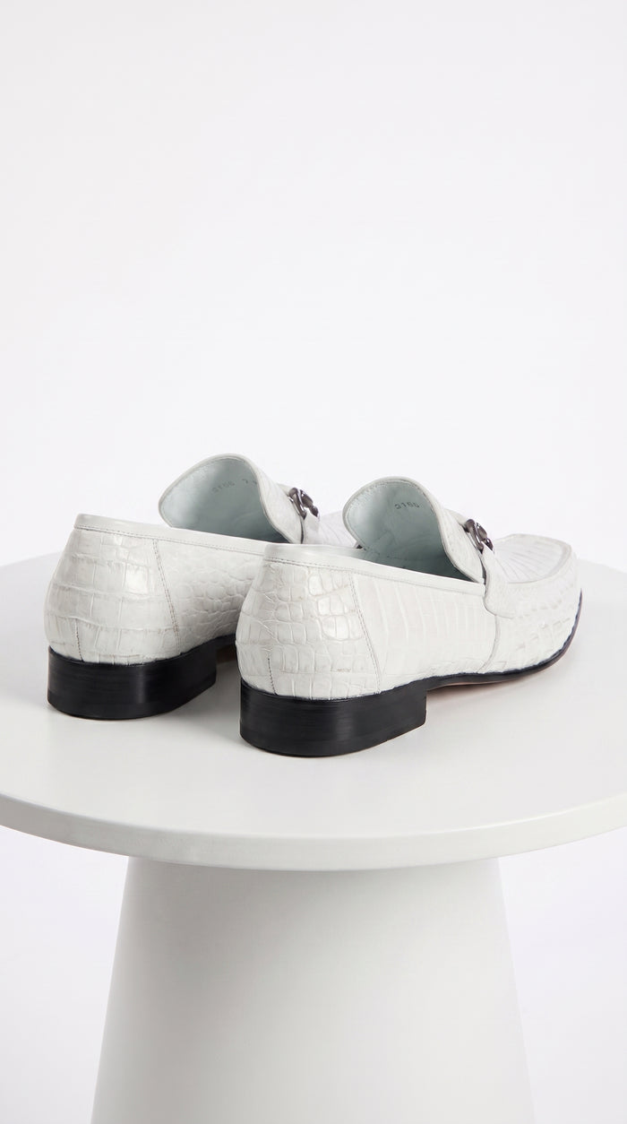 Men’s Los Altos White Caiman Belly Dress Shoes, Leather Sole Bit Loafers for Formal Wear