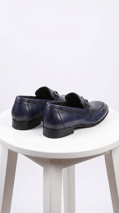 Men’s Navy Genuine Crocodile and Calfskin Leather Slip-On Dress Shoes, Exotic Bit Loafers