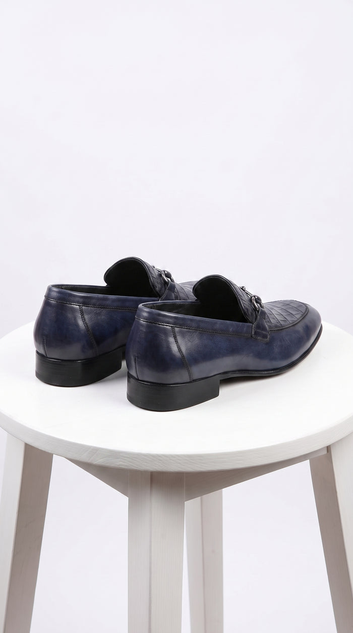Men’s Navy Genuine Crocodile and Calfskin Leather Slip-On Dress Shoes, Exotic Bit Loafers