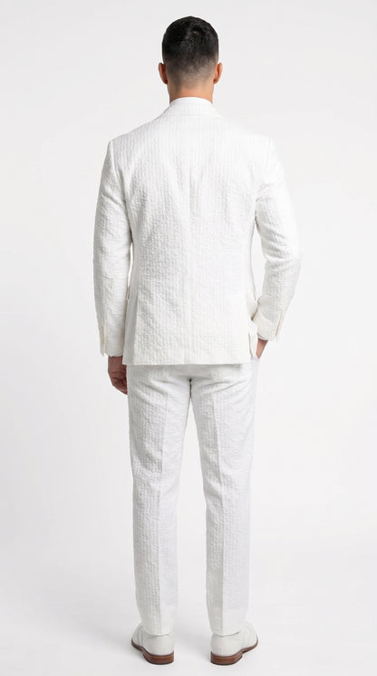 Men’s Premium White Cotton Seersucker Stripe Suit – Lightweight Summer Wedding & Formal Suit