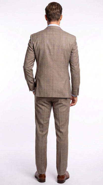 Men’s Tan Plaid 3 Piece Suit, 2 Button Vested Peak Lapel Formal Wedding Business Suit