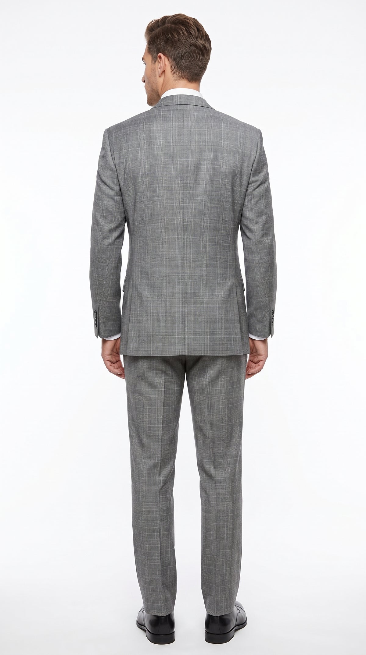 Men’s Grey Plaid 2 Button Suit, Modern Fit Peak Lapel Formal Wedding Business Suit