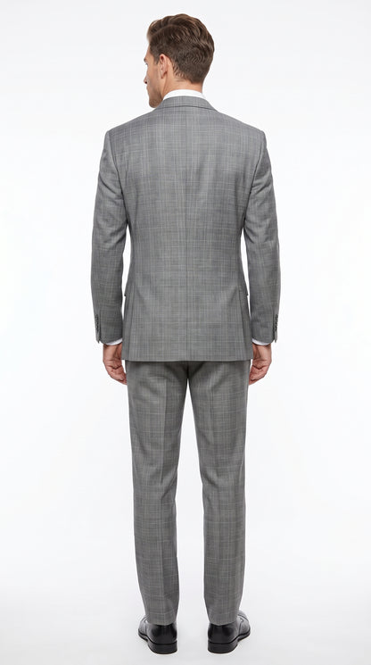 Men’s Grey Plaid 2 Button Suit, Modern Fit Peak Lapel Formal Wedding Business Suit