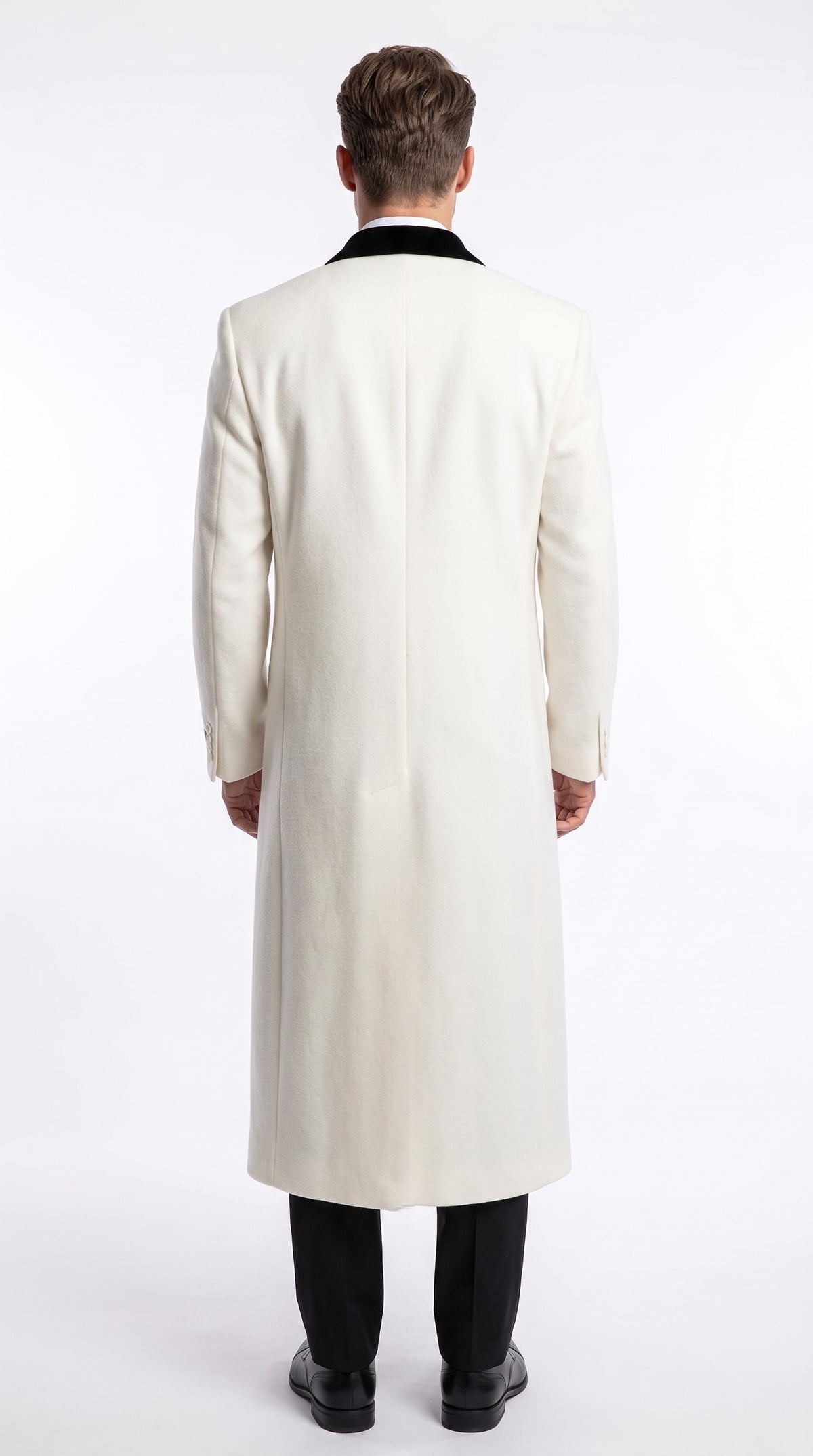 Men's White Cashmere Wool Chesterfield Full-Length Overcoat – Luxury Long Winter Dress Coat with Black Velvet Collar