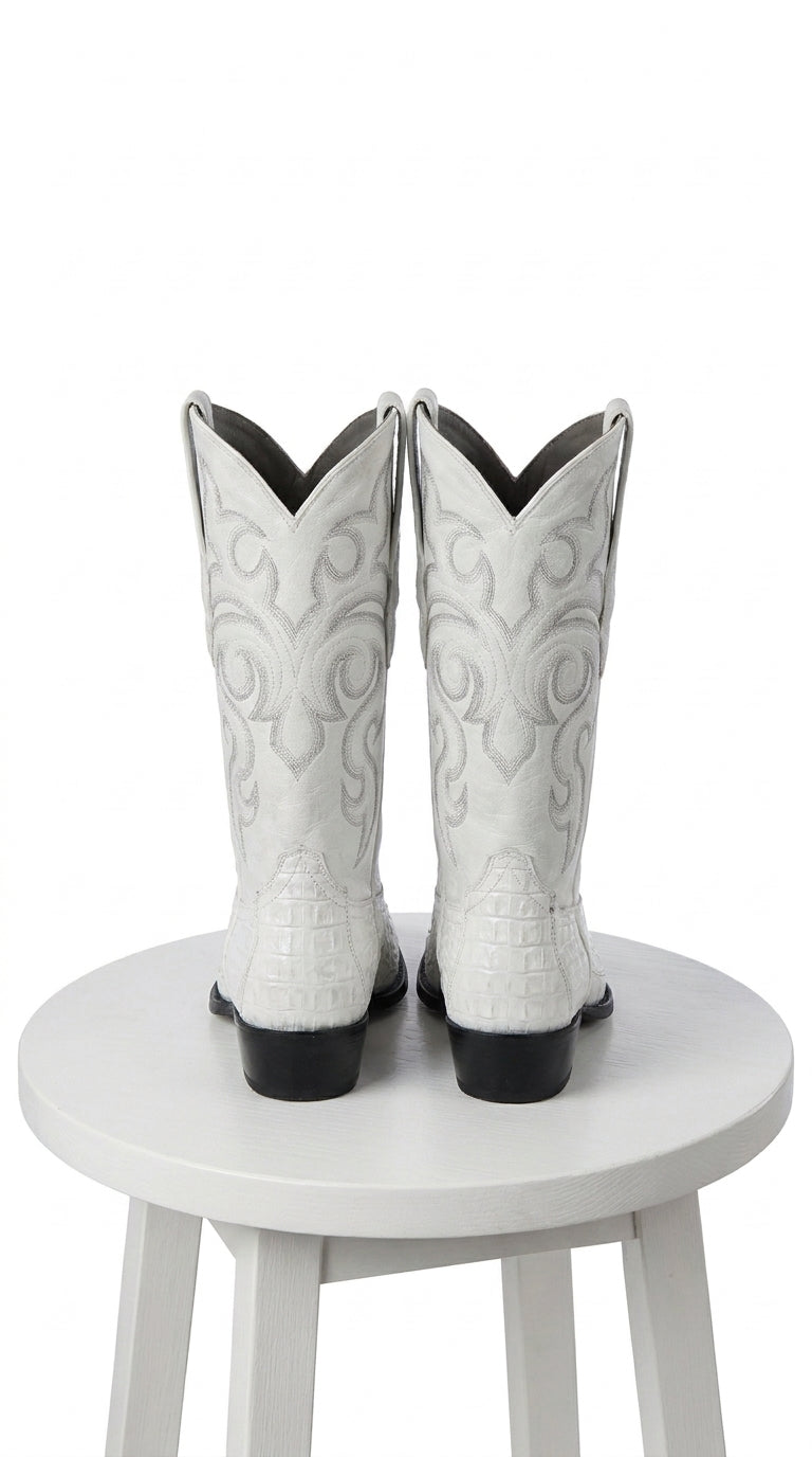 Men’s White Caiman Tail Crocodile Boots, Pointed Toe Exotic Western Cowboy Dress Boots