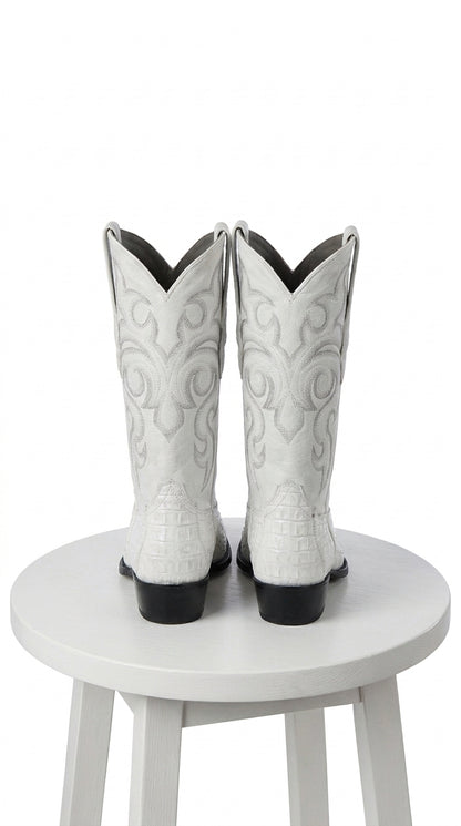 Men’s White Caiman Tail Crocodile Boots, Pointed Toe Exotic Western Cowboy Dress Boots