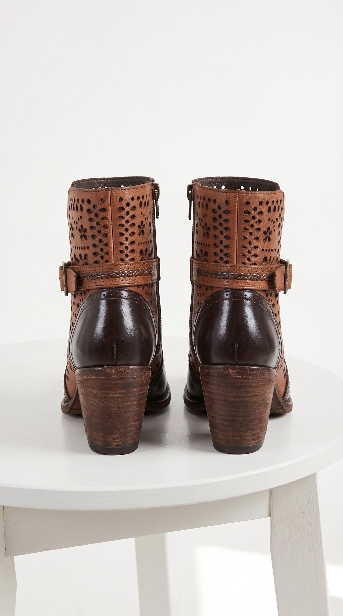 Women’s Brown Leather Short Boots, Oval Toe Ankle Boots with Buckle and Cutout Detail