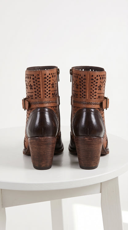 Women’s Brown Leather Short Boots, Oval Toe Ankle Boots with Buckle and Cutout Detail