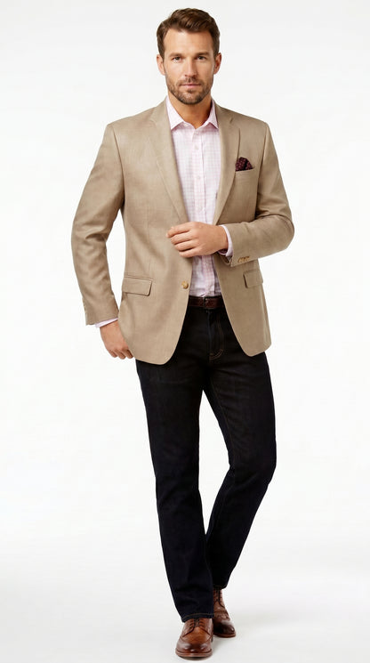 Men’s Tan Beige Sport Coat with 2 Button Front, Summer Dress Casual Blazer Jacket