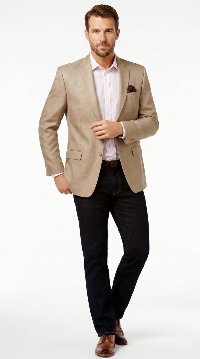 Men’s Tan Beige Sport Coat with 2 Button Front, Summer Dress Casual Blazer Jacket