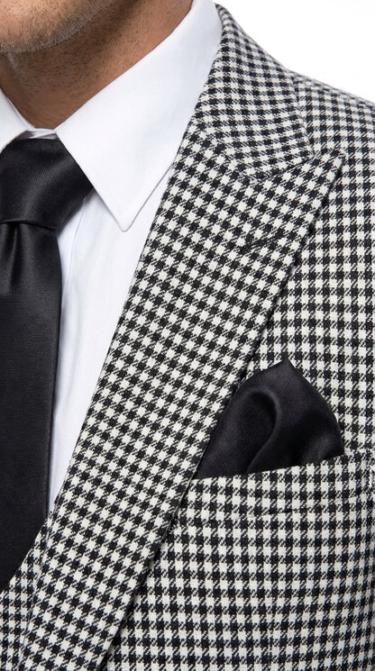 Men’s Black & White Houndstooth Check 3-Piece Pure Wool Suit with Double-Breasted Vest & Flat Front Pants