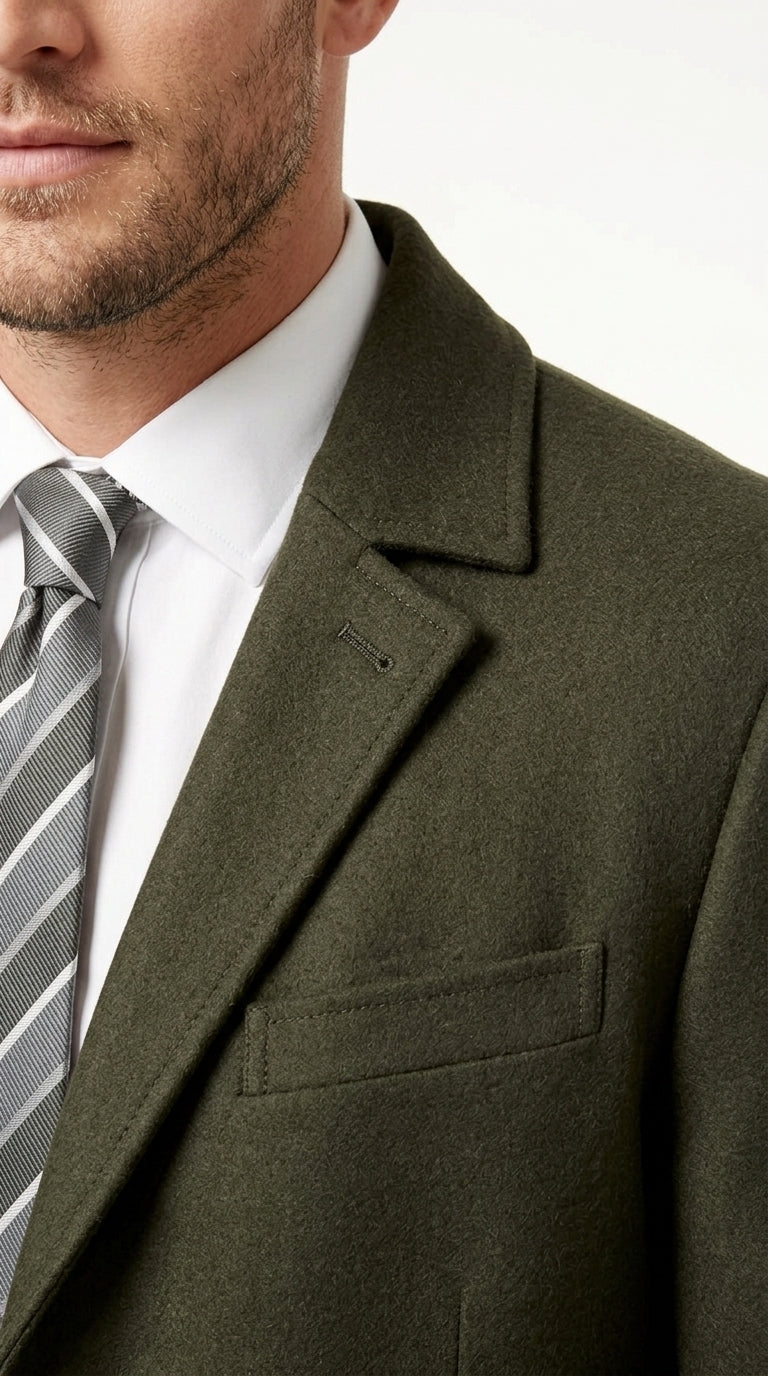 Men's Olive Green Wool Car Coat – Classic Mid-Length Three-Quarter Dress Overcoat for Men