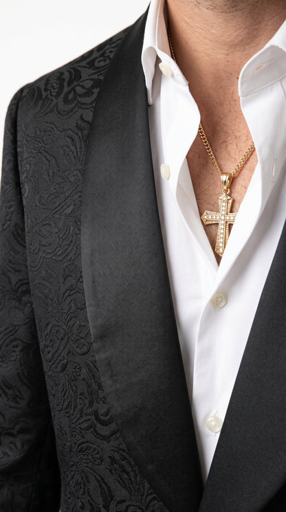 Men’s Black Paisley Jacquard Blazer – Satin Shawl Lapel Western Formal Designer Dinner Jacket