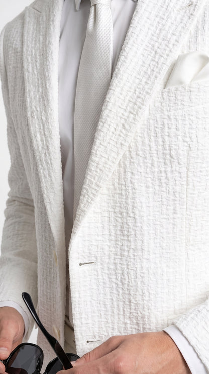 Men’s Premium White Cotton Seersucker Stripe Suit – Lightweight Summer Wedding & Formal Suit