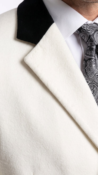 Men's White Cashmere Wool Chesterfield Full-Length Overcoat – Luxury Long Winter Dress Coat with Black Velvet Collar