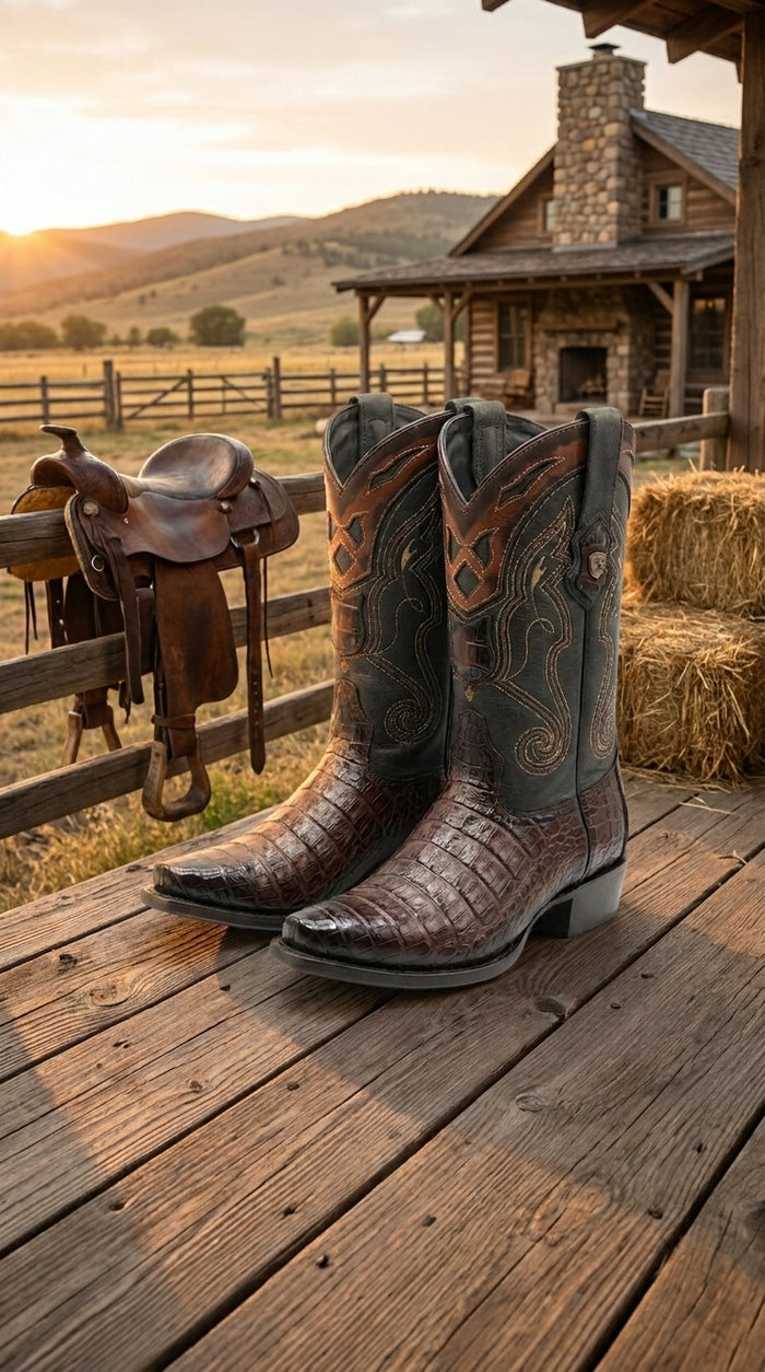 Men’s Brown Caiman Snip Toe Cowboy Boots with Embroidered Shaft, Exotic Western Dress Boots